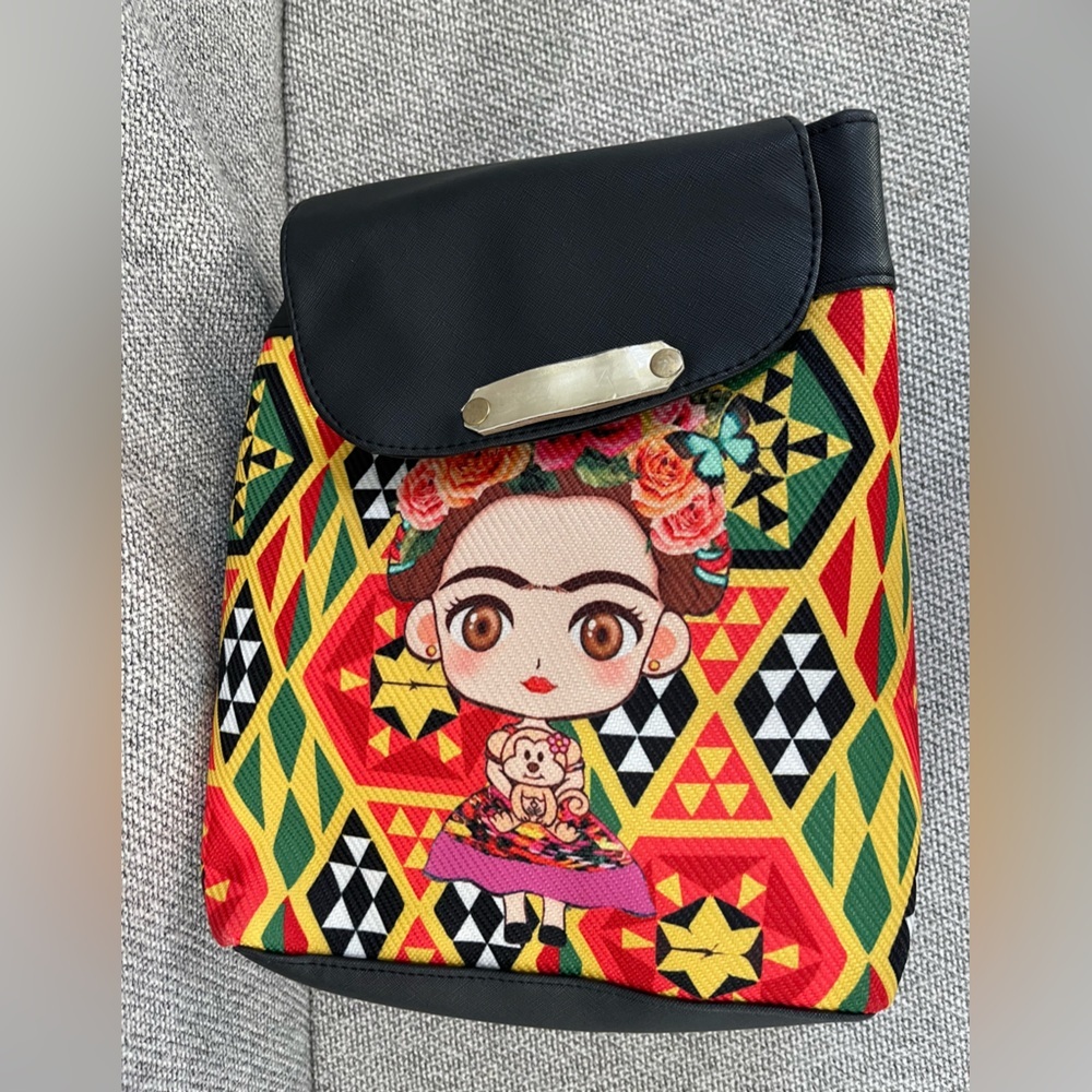 Frida Kahlo Vibrant Black and Red Geometric Backpack Puse - Picture 4 of 16